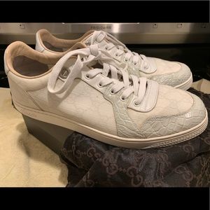 Gucci Coda Lace up Sneaker Low Top Crocodile Trim Canvas White Made In Italy